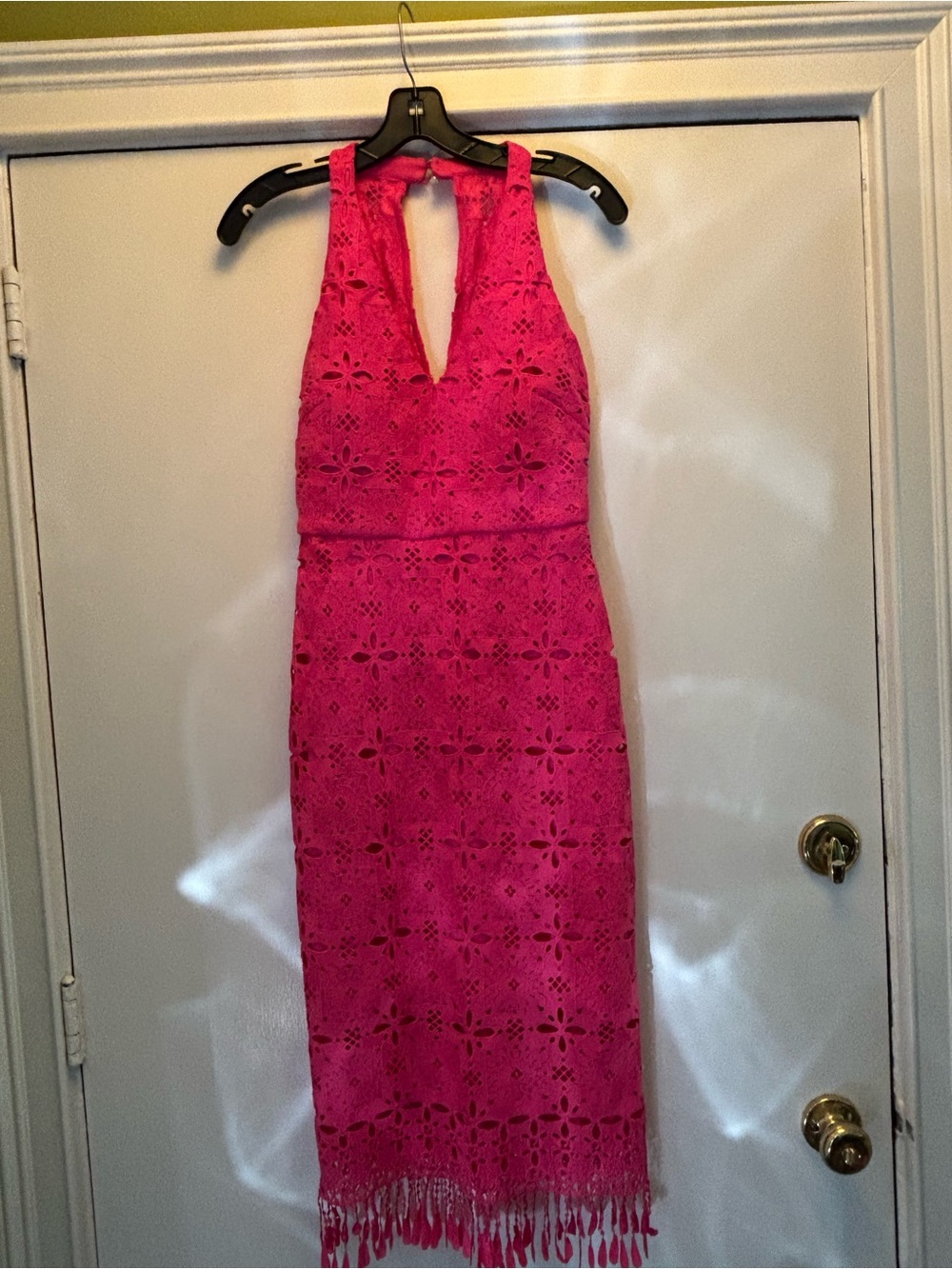 Halter Lace Midi Dress in Fuchsia with Fringe